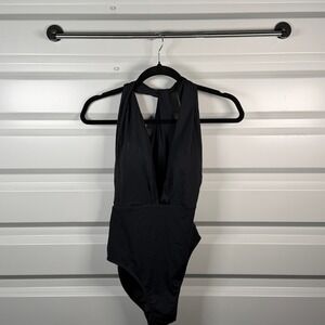 Lulus Womens Black Halter Deep V-Neck Crisscross Back One Piece Swimsuit Large